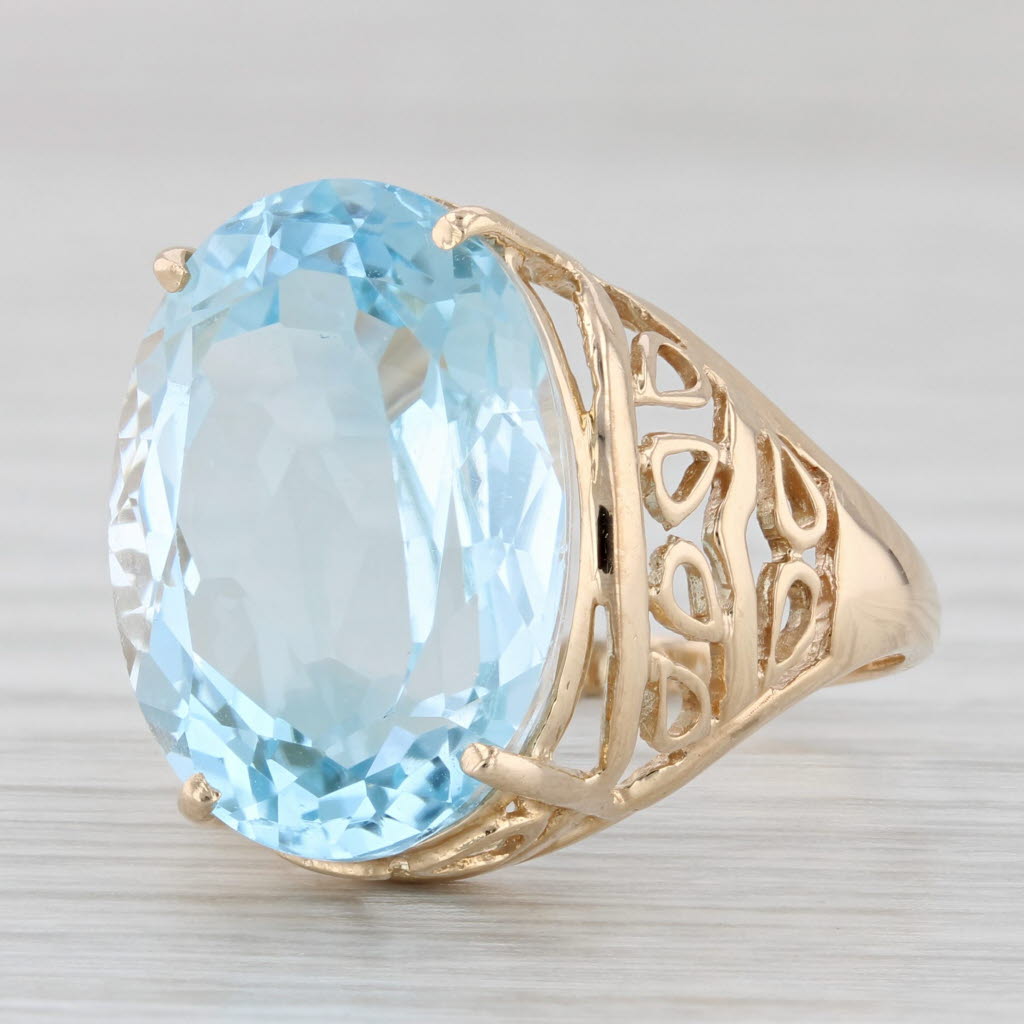 Light Gray 18.40ct Blue Topaz Ring 14k Yellow Gold Size 8 Large Oval Solitaire