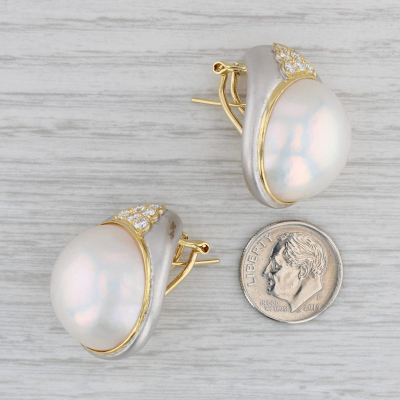 Gray 0.60ctw Diamond Mabe Pearl Statement Earrings 18k Gold Pierced Omega Backs