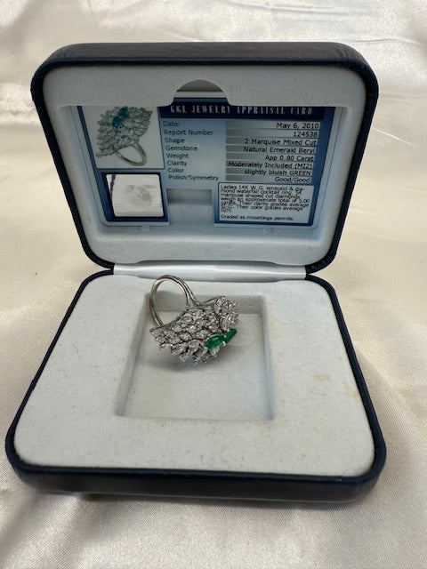 Emerald Diamond Waterfall Cocktail Ring 14k White Gold Size 8.75 GGL Card & Box
