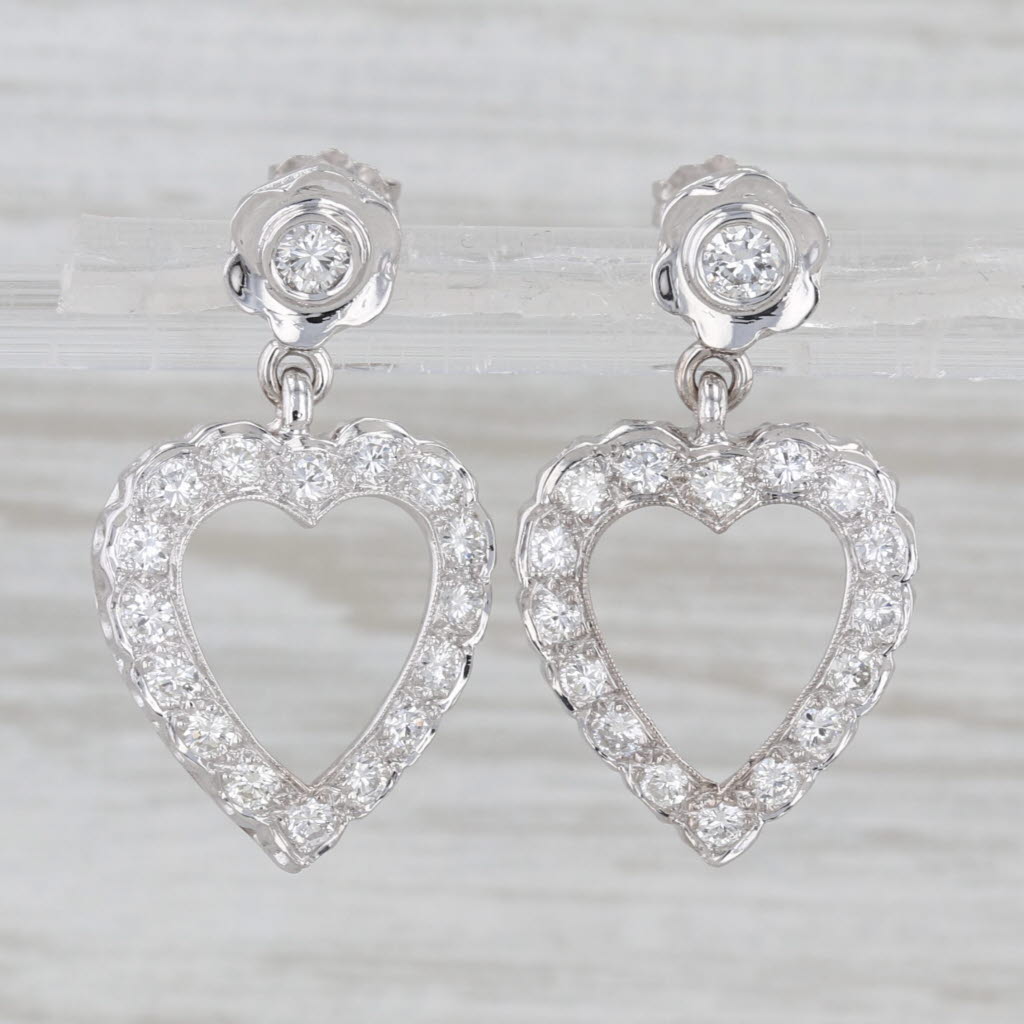 1.10ctw Diamond Open Hearts Flower Dangle Earrings 14k White Gold