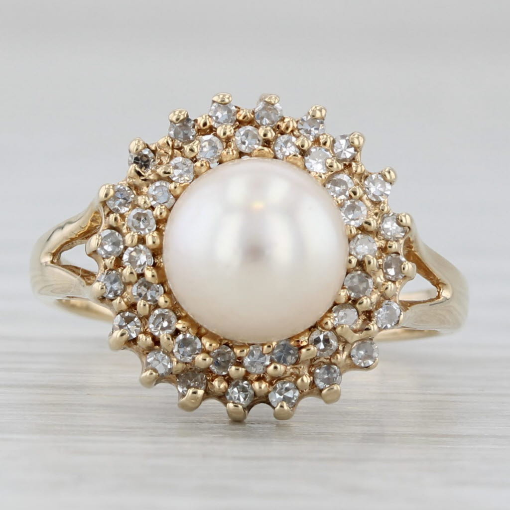 Light Gray 0.20ctw Diamond Halo Cultured Pearl Ring 14k Yellow Gold Size 4