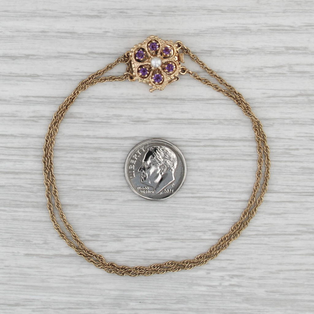 Amethyst Pearl Flower Clasp Double Chain Slide Charm Starter Bracelet 14k Gold