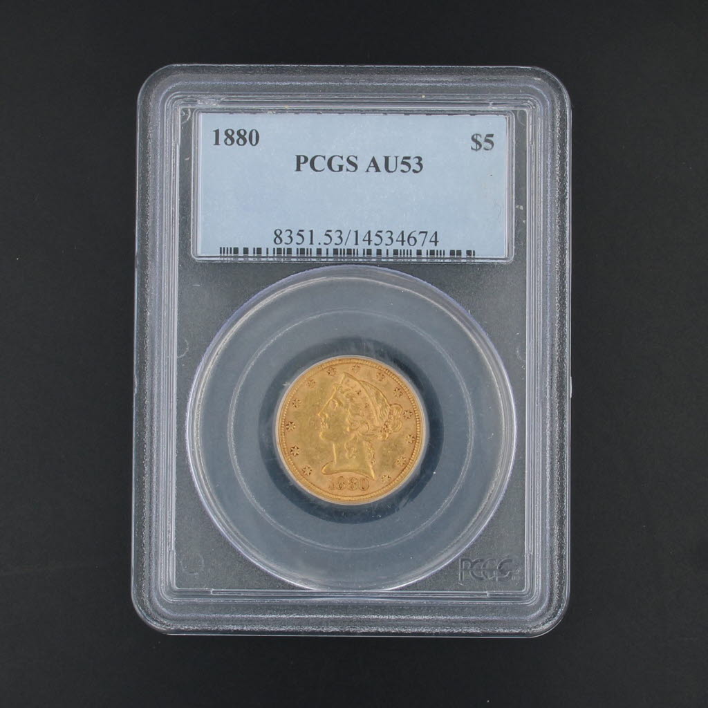 1880 Liberty Fine Gold Coin US $5 Eagle AU53 PCGS Certificate Case