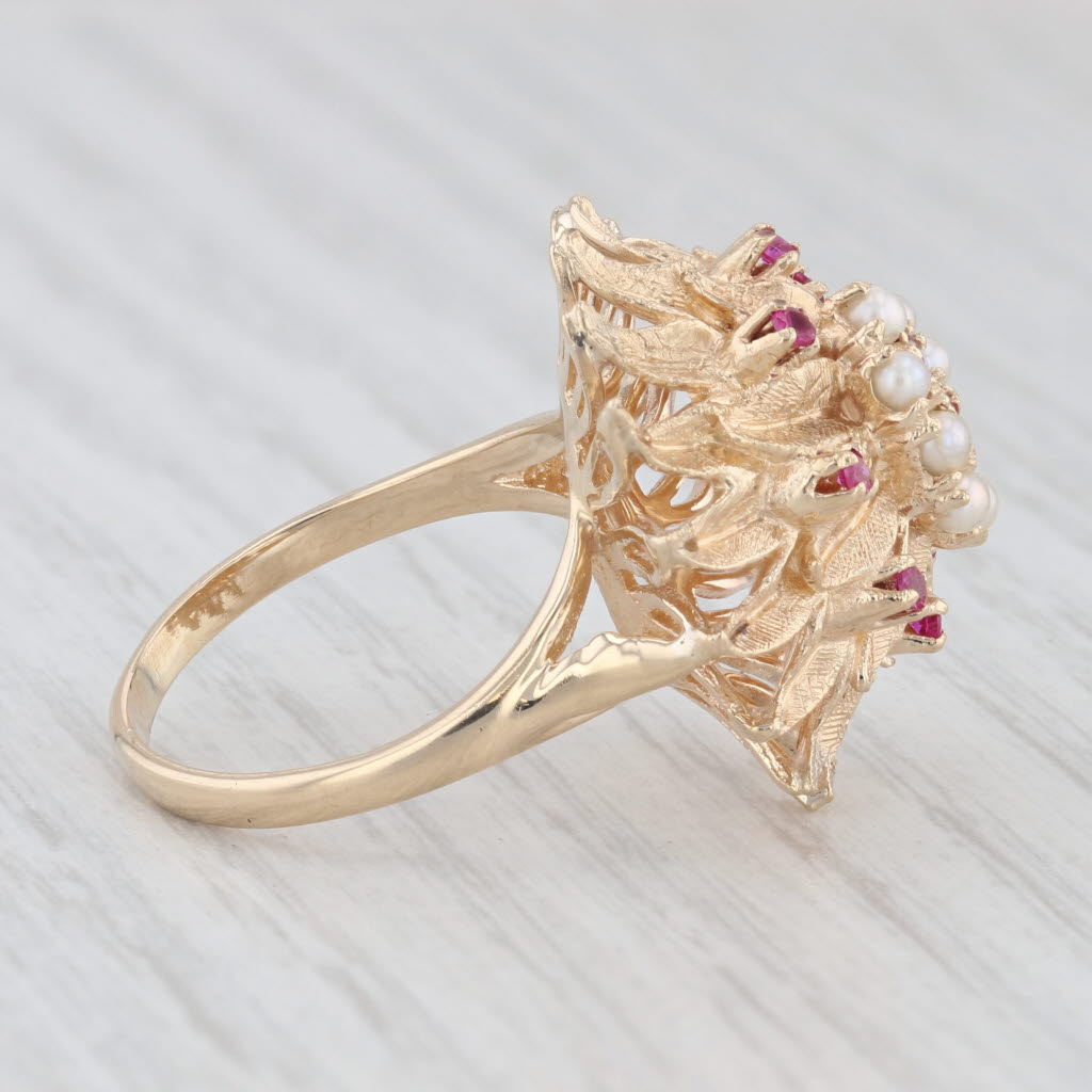 Light Gray Vintage Cultured Pearl Lab Created Ruby Flower Ring 14k Yellow Gold Cocktail