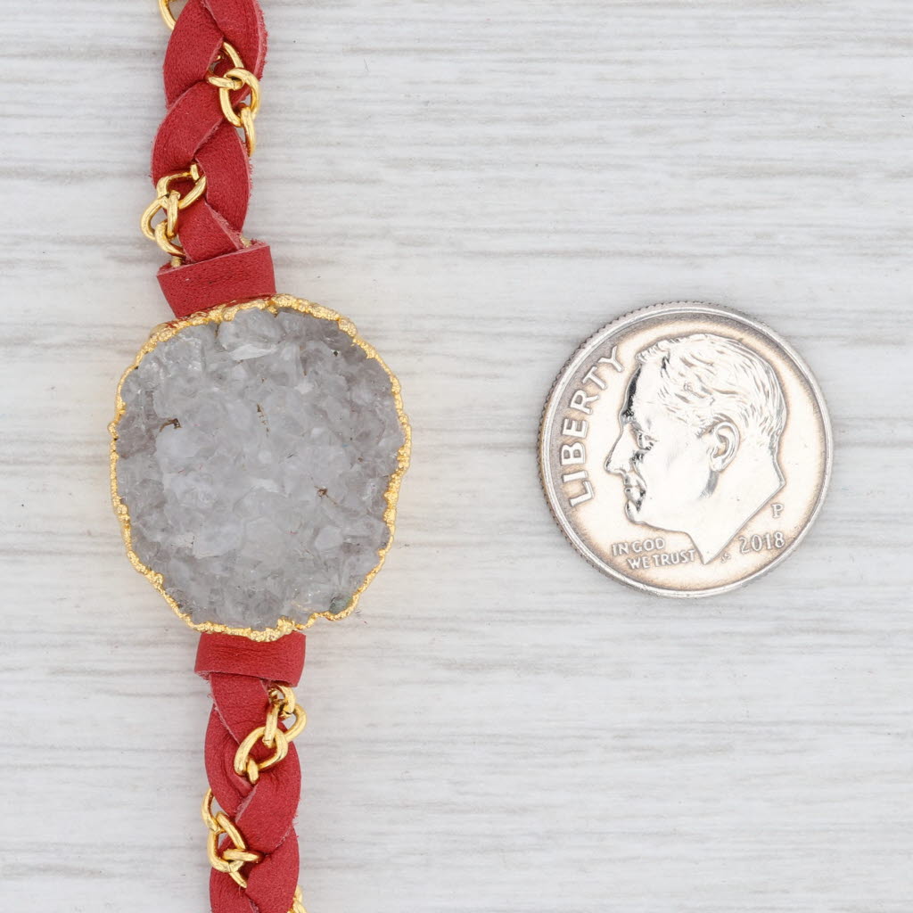 New Nina Wynn Cordelia Necklace White Druzy Woven Red Leather Gold Vermeil