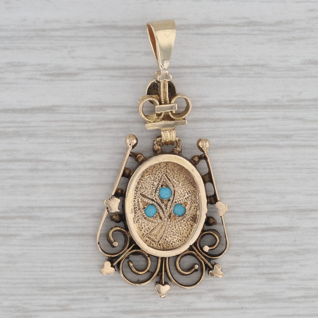 Gray Antique Glass Flower Pendant Fob 14k Yellow Gold Ornate Drop