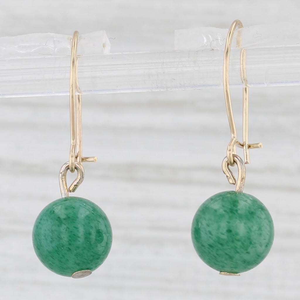 Light Gray Green Aventurine Bead Dangle Earrings 14k Yellow Gold Hook Post Drops