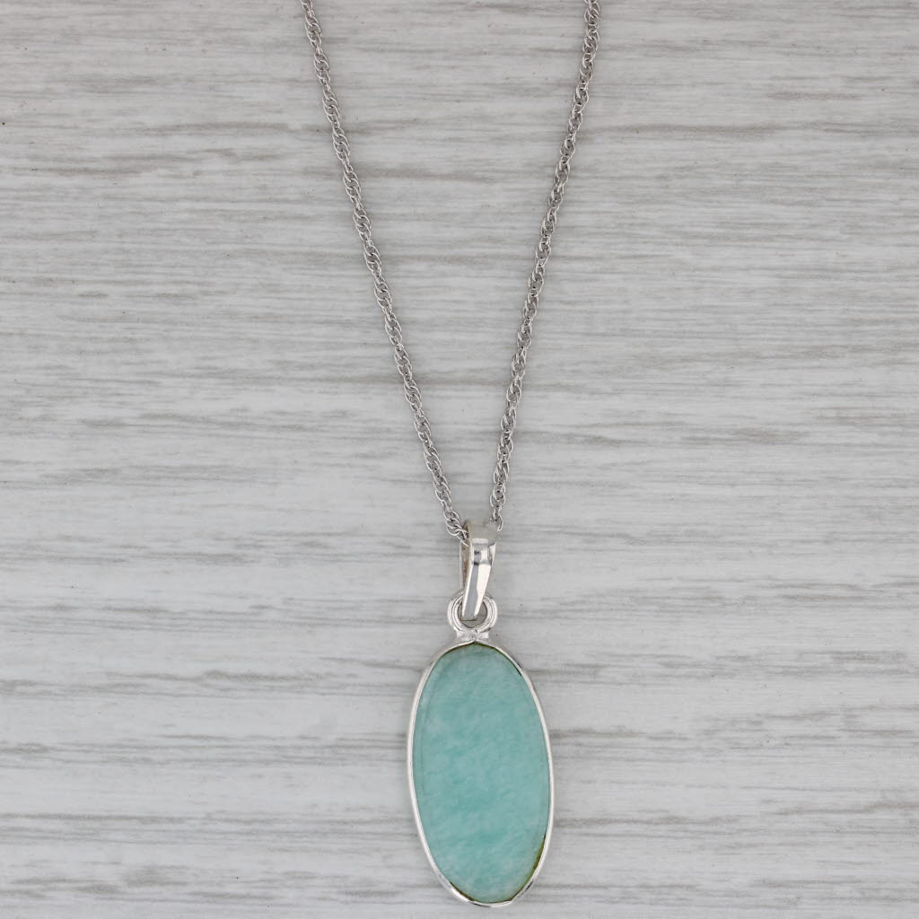 Gray Amazonite Oval Cabochon Pendant Necklace Sterling Silver 18" Rope Chain