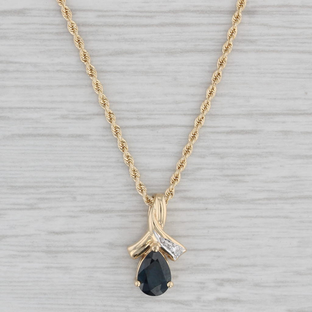 Gray 0.80ct Blue Sapphire Diamond Teardrop Pendant Necklace 14k Gold 18" Rope Chain