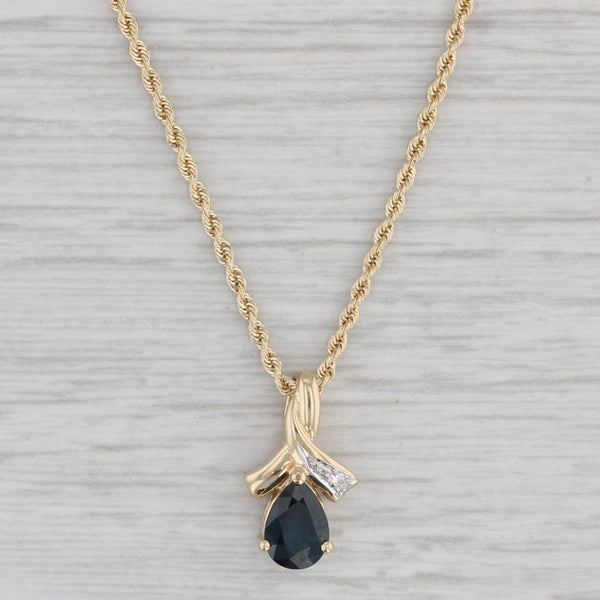 0.80ct Blue Sapphire Diamond Teardrop Pendant Necklace 14k Gold 18" Rope Chain