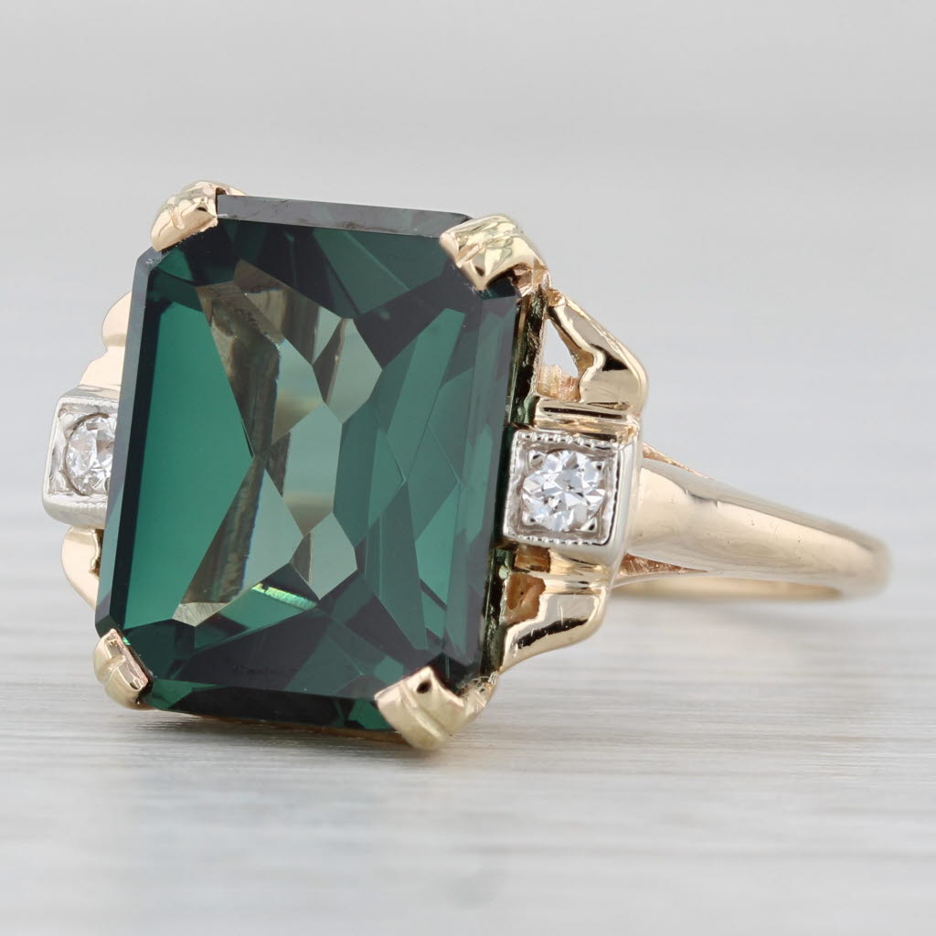 Light Gray Vintage 9.02ctw Green Lab Created Spinel Diamond Ring 14k Gold Size 6.5