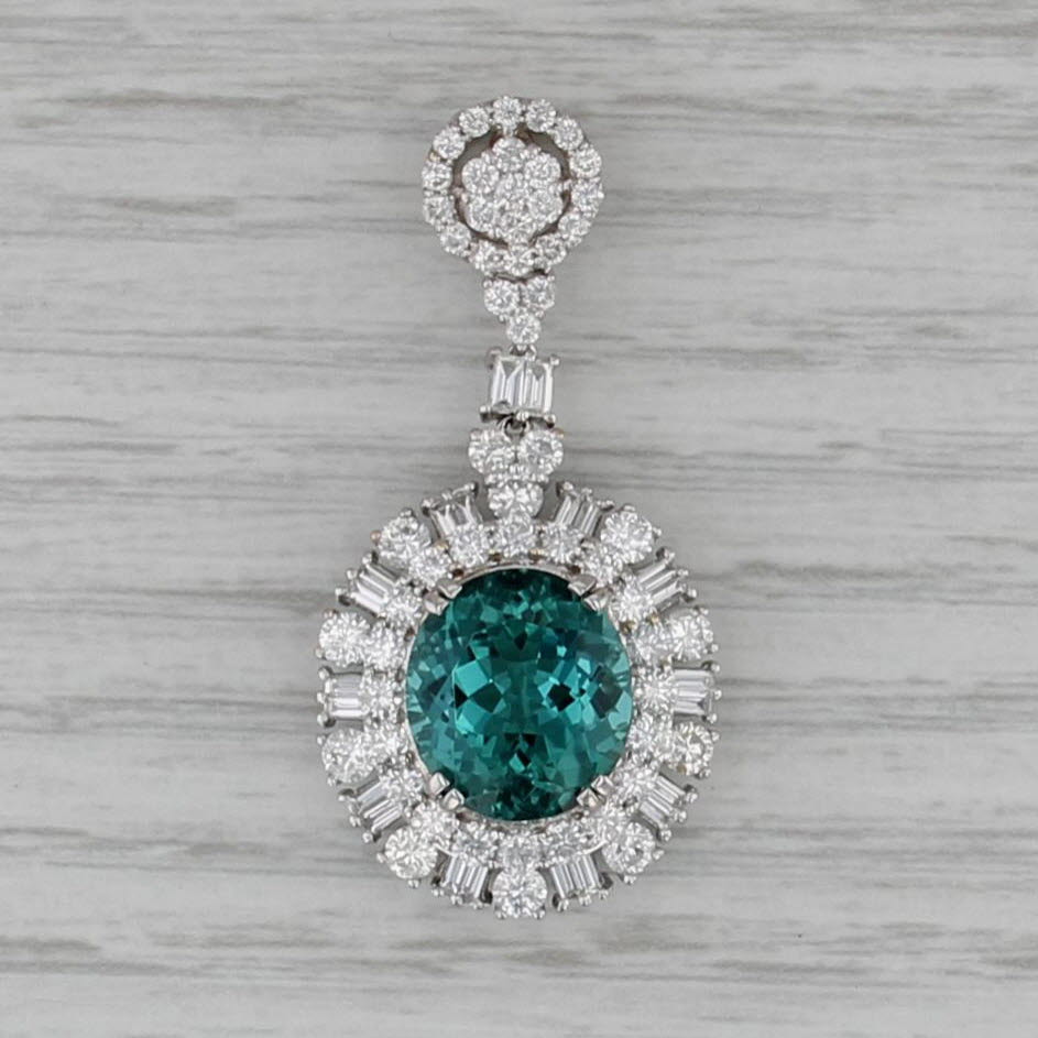 8.32ctw Green Tourmaline Diamond Halo Drop Pendant 18k White Gold GIA