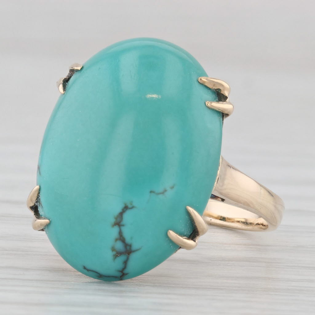 Light Gray Green Turquoise Oval Cabochon Solitaire Ring 10k Yellow Gold Size 5.75