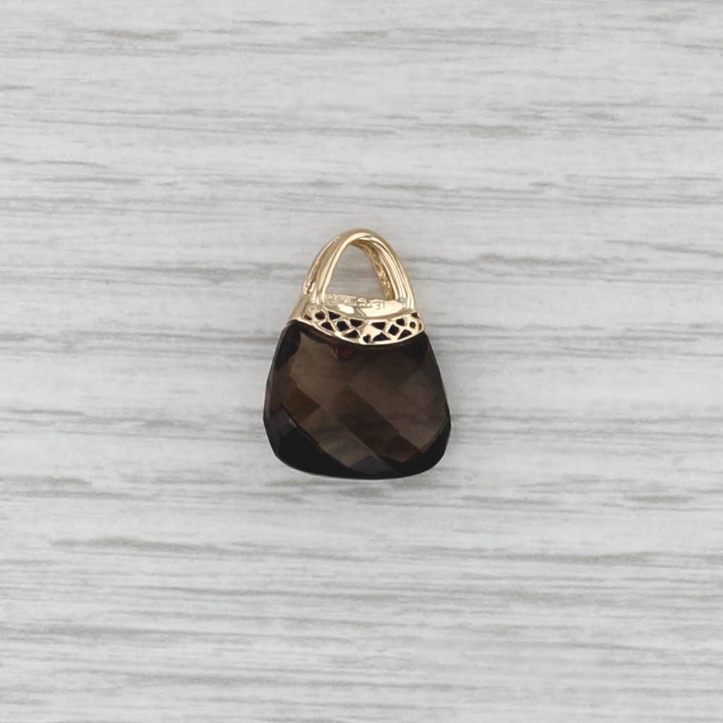 Smoky Quartz Diamond Purse Pendant 14k Yellow Gold Charm