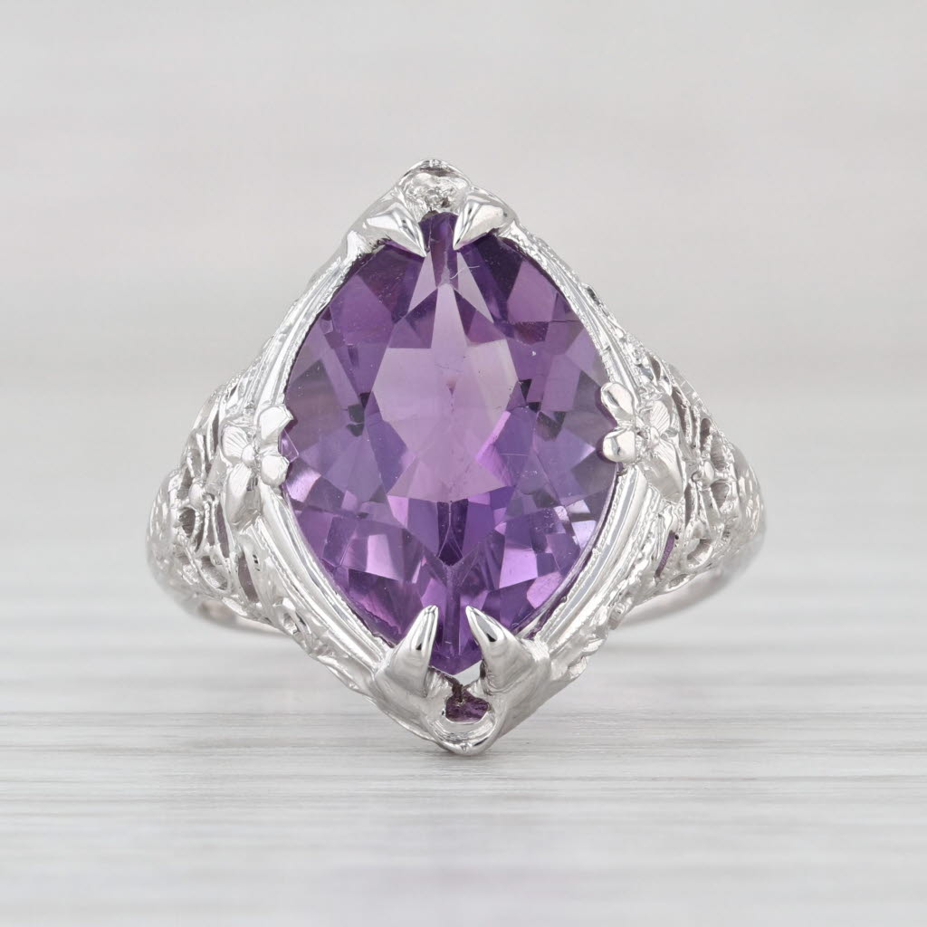 Art Deco 5ct Marquise Amethyst Solitaire Ring 18k White Gold Filigree Floral