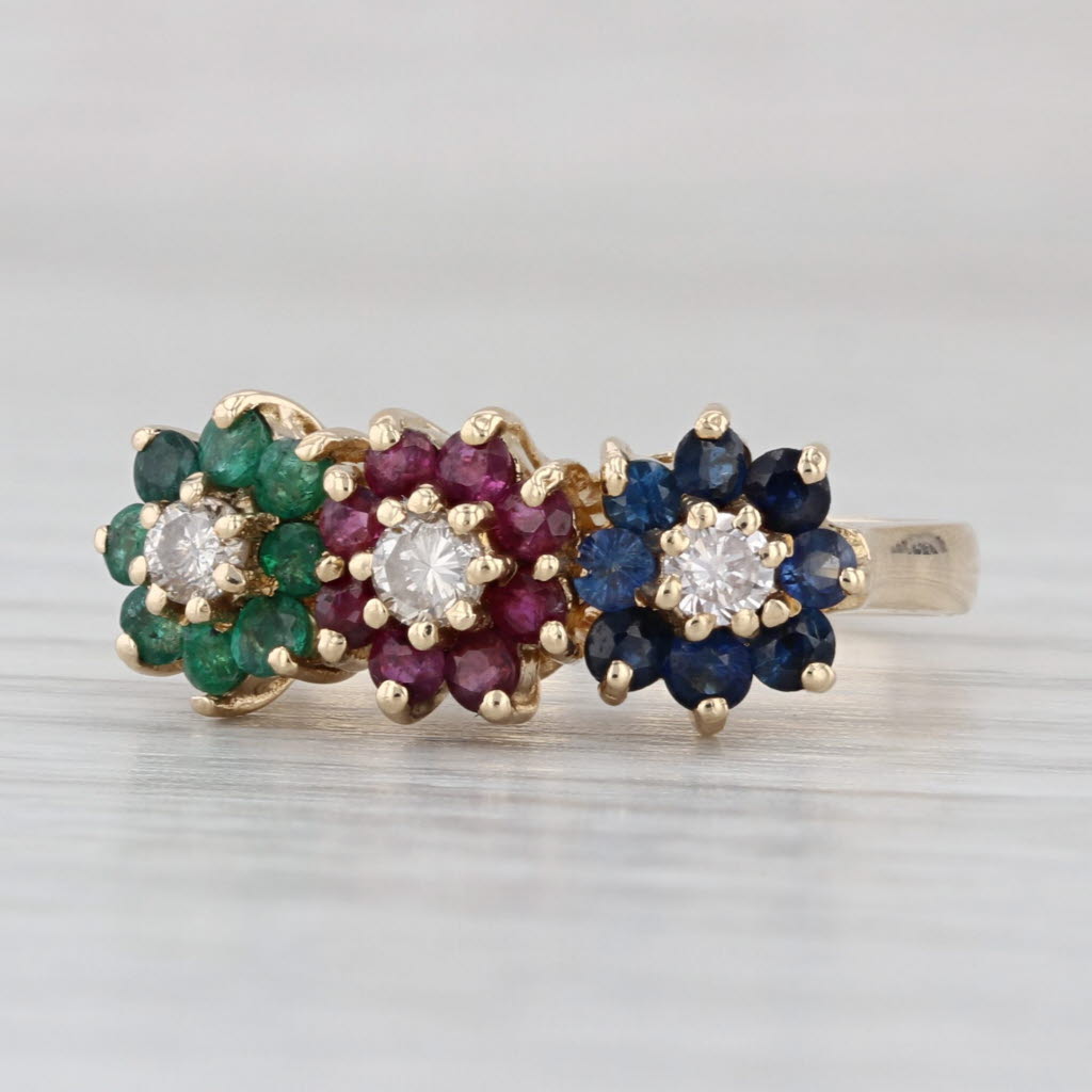0.89ctw Diamond Emerald Ruby Sapphire Flowers Ring 14k Yellow Gold Size 6.25