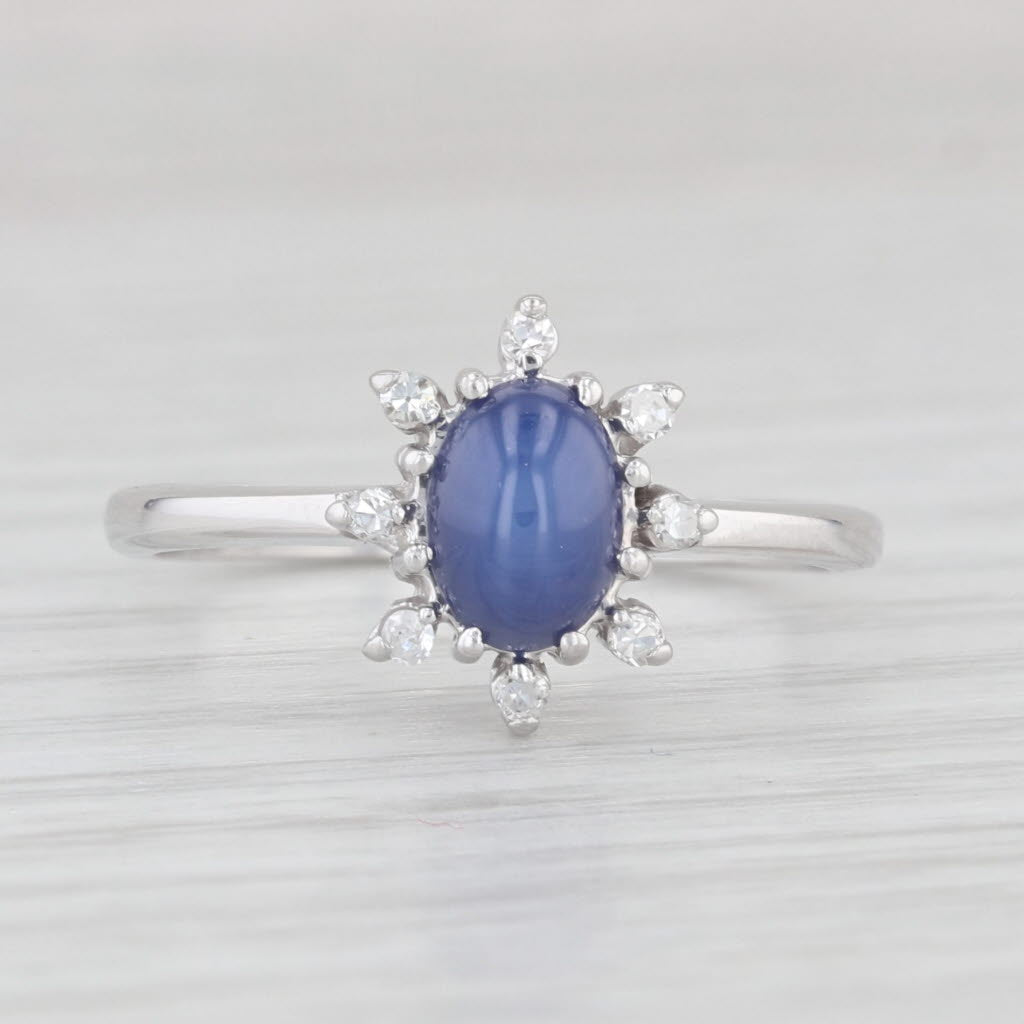 Light Gray Lab Created Sapphire Oval Cabochon Diamond Halo Ring 14k White Gold Size 7.25