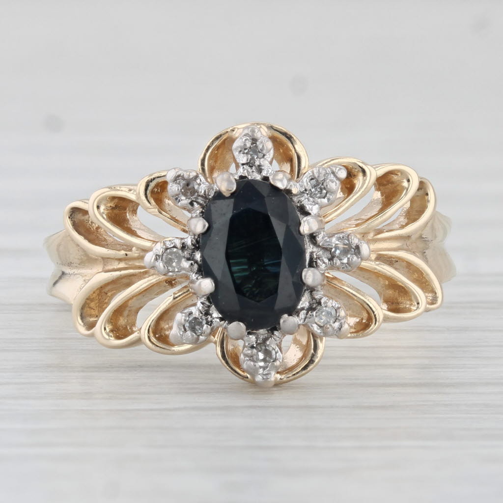 Light Gray 1.14ctw Oval Blue Sapphire Diamond Halo Flower Ring 14k Yellow Gold Size 8.5