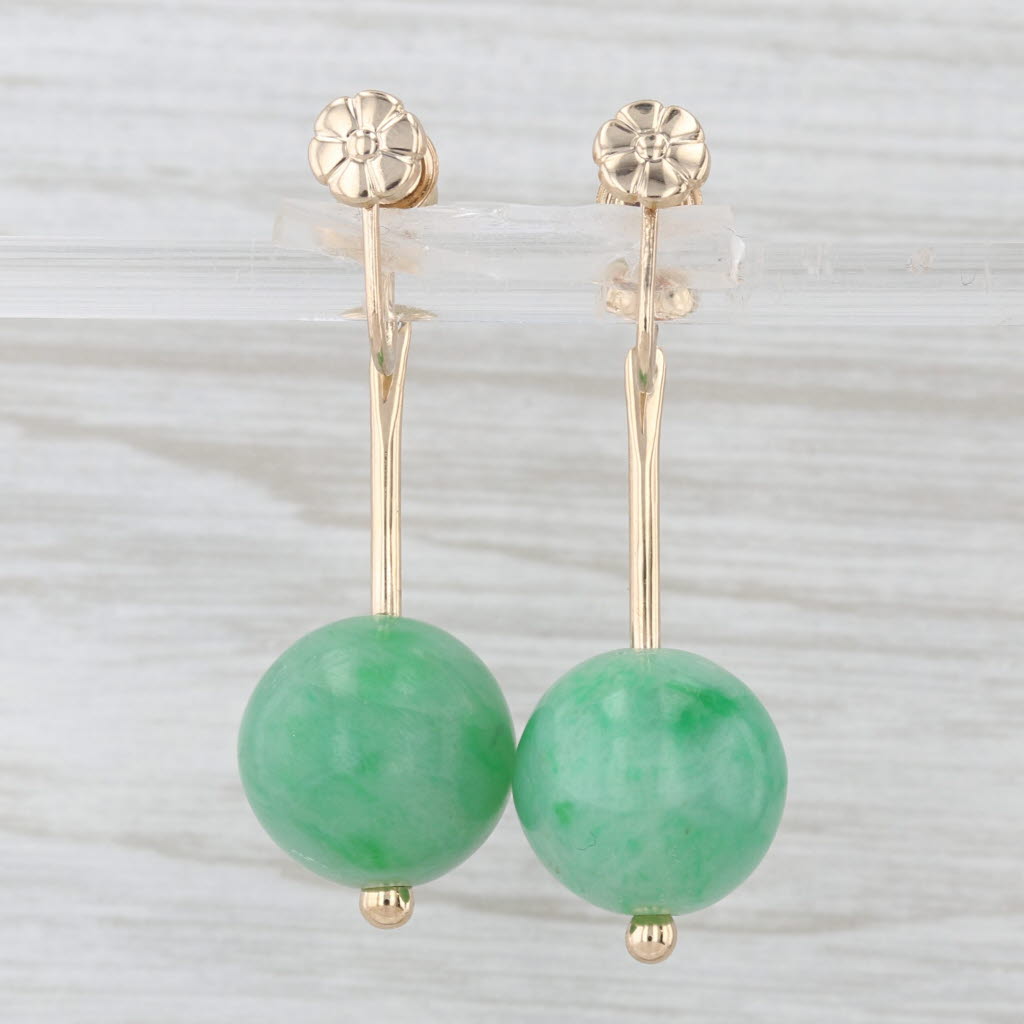 Green Jadeite Jade Bead Dangle Earrings 14k Yellow Gold Non Pierced Screw Backs