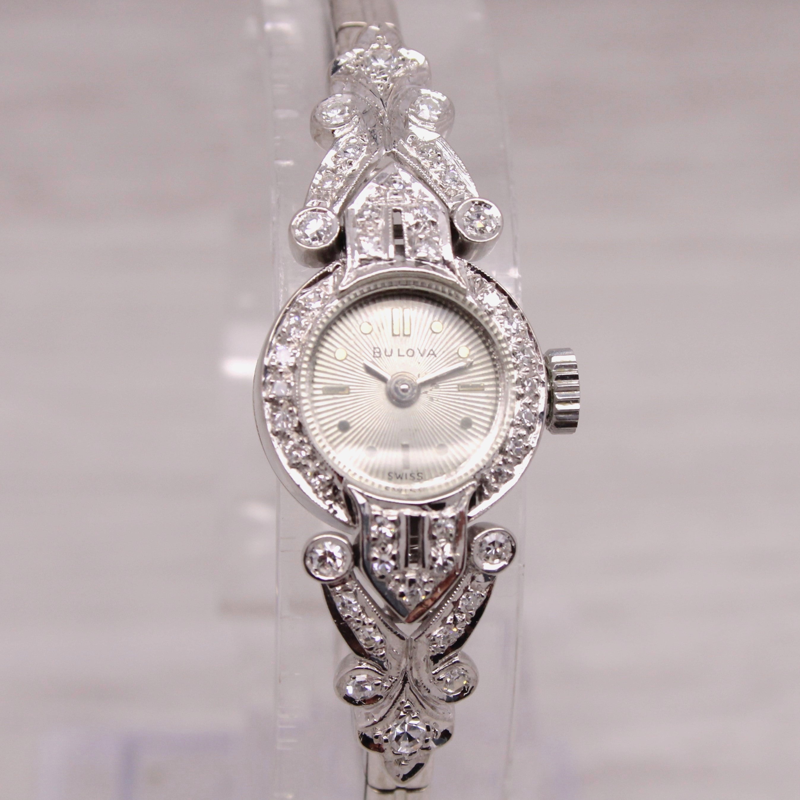 Gray Vintage Bulova Ladies 14k White Gold & Diamond Wrist Watch 0.30ctw - Serviced -