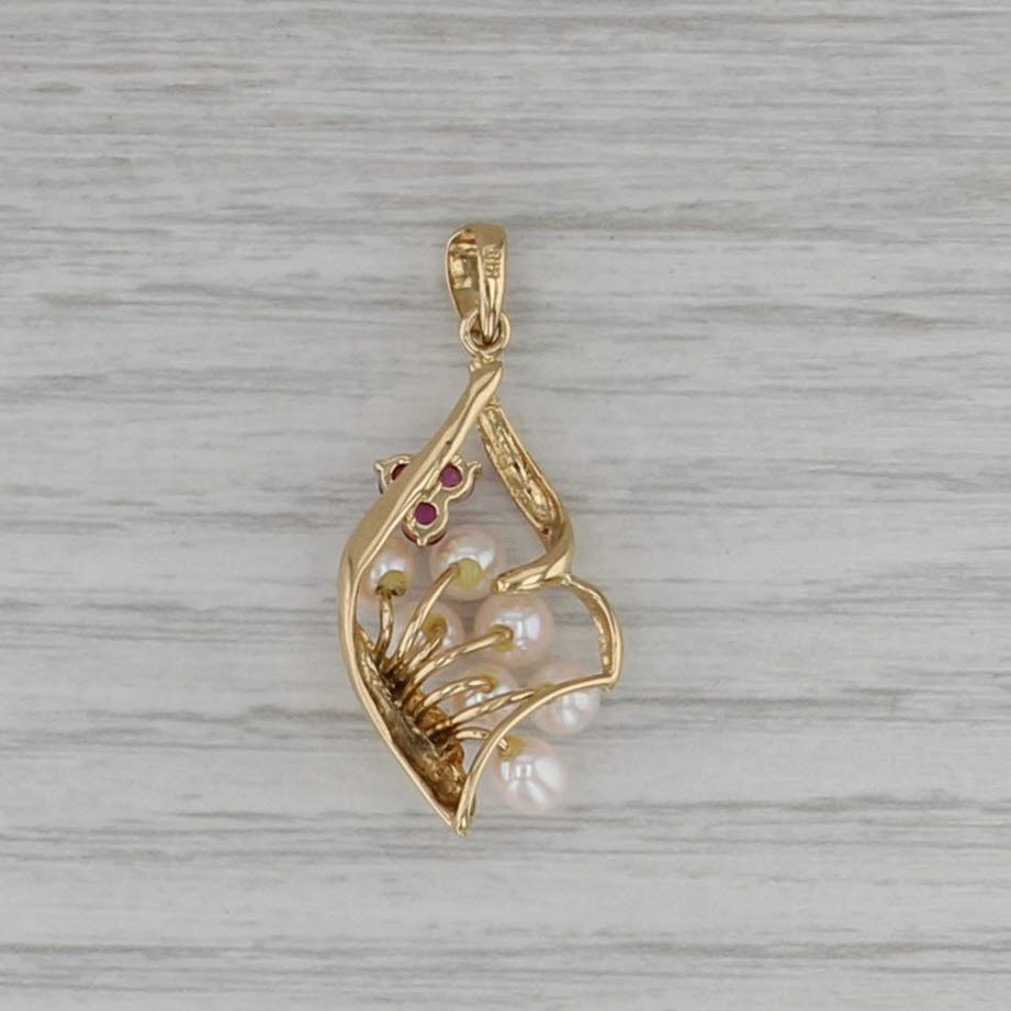 Cultured Pearl Ruby Cluster Pendant 18k Yellow Gold