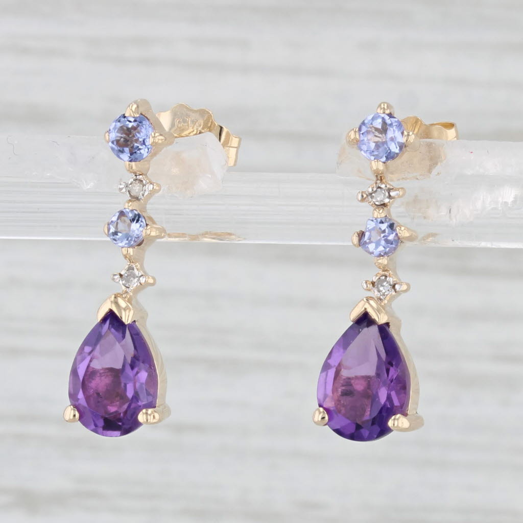 Light Gray 1.45ctw Amethyst Tanzanite Teardrop Earrings 10k Yellow Gold