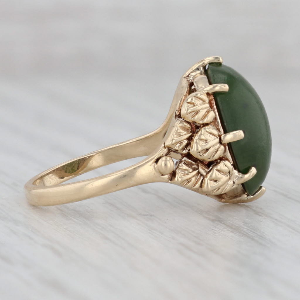 Gray Green Nephrite Jade Leaf Ring 10k Yellow Gold Size 6.5 Oval Cabochon Solitaire