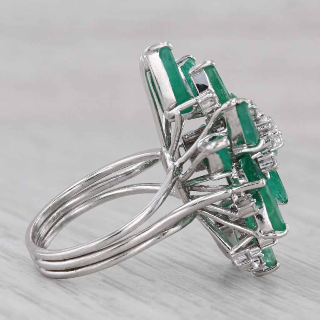 Gray 6.28ctw Emerald Damond Flower Cocktail Ring 14k White Gold Size 6.5-6.75