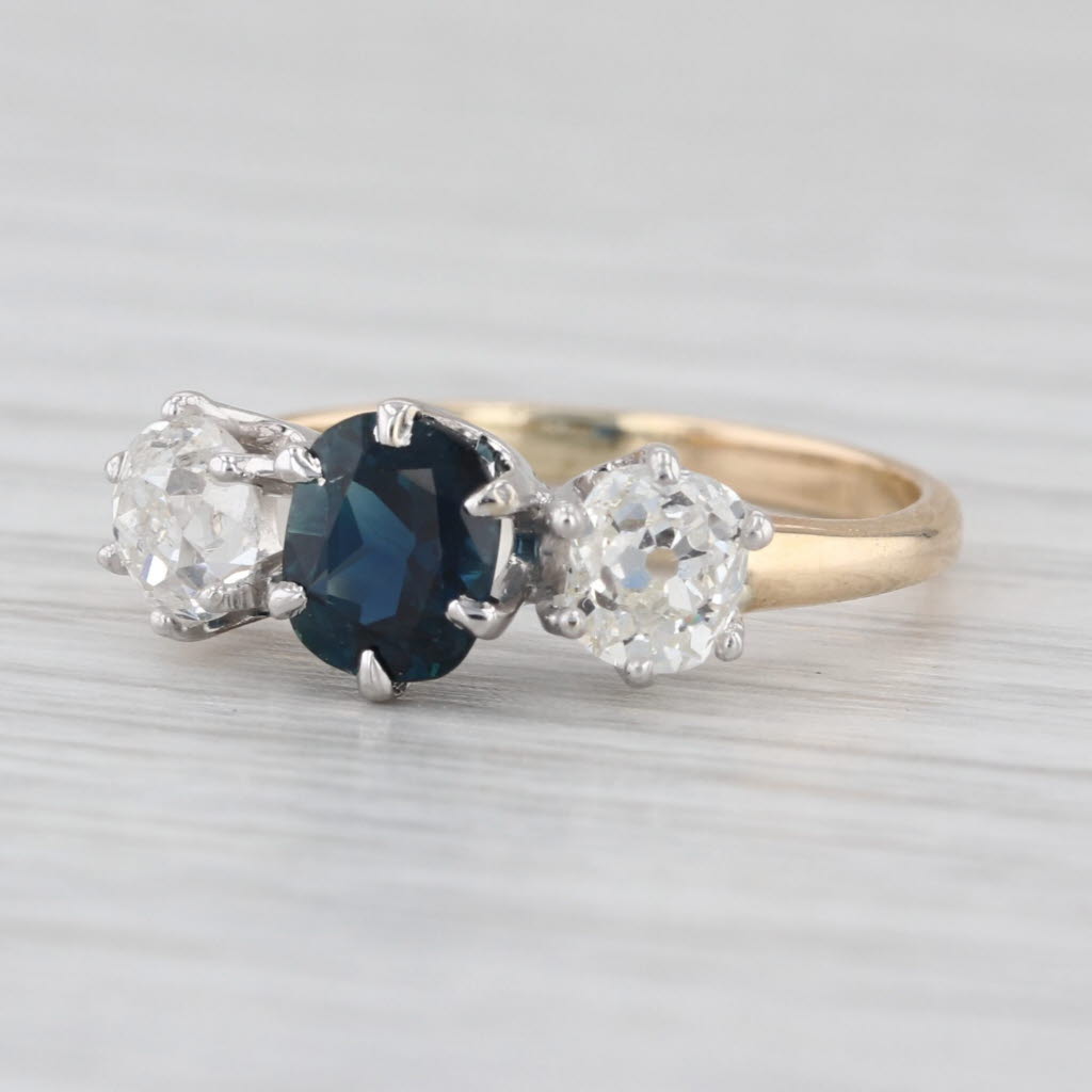 Antique 1.80ctw Blue Sapphire Diamond 3-Stone Ring 14k Yellow Gold Size 5.5