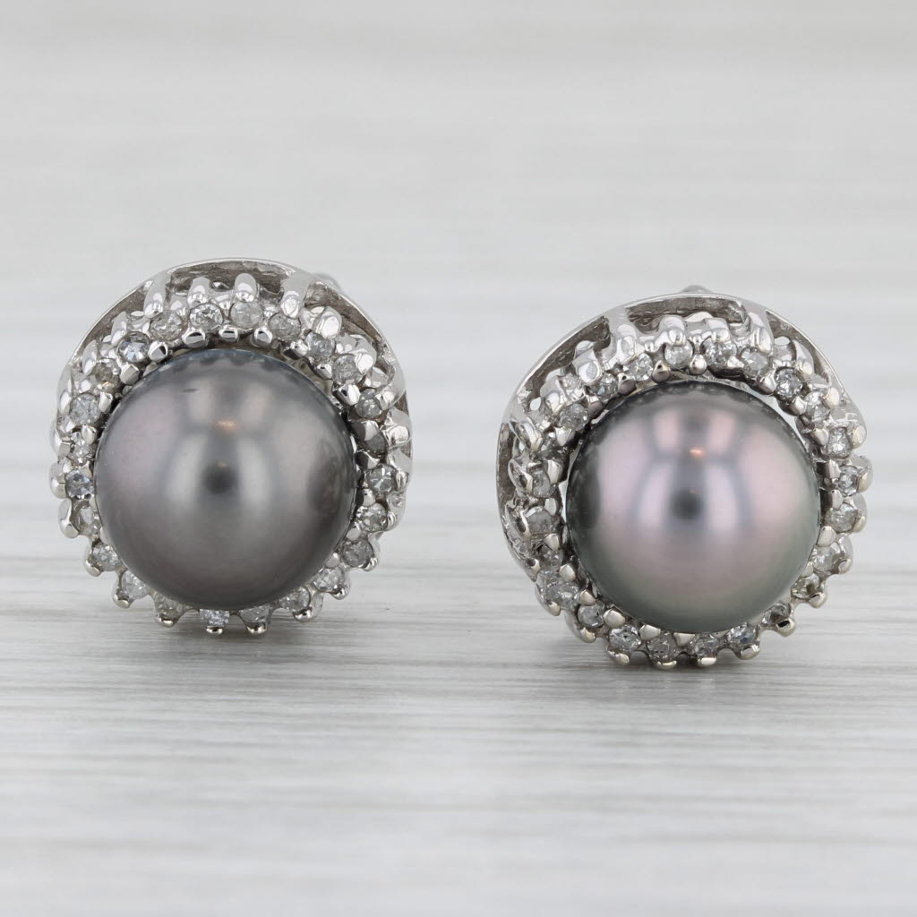 Light Gray Black Cultured Pearl Diamond Halo Stud Earrings 14k White Gold Lia Sophia