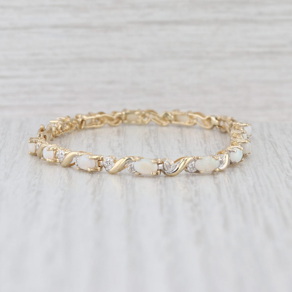 Opal Diamond Tennis Bracelet 10k Yellow Gold 7" 3.7mm