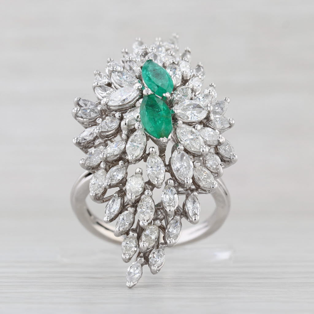 Emerald Diamond Waterfall Cocktail Ring 14k White Gold Size 8.75 GGL Card & Box