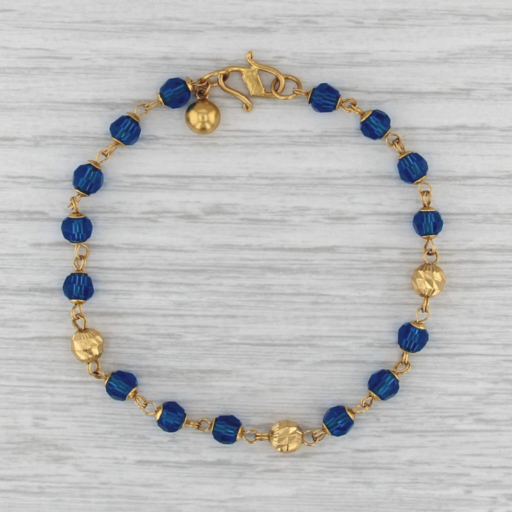 Blue Glass Bead Bracelet w/ Ball Charm 916 Yellow Gold 7.25" Hook Clasp