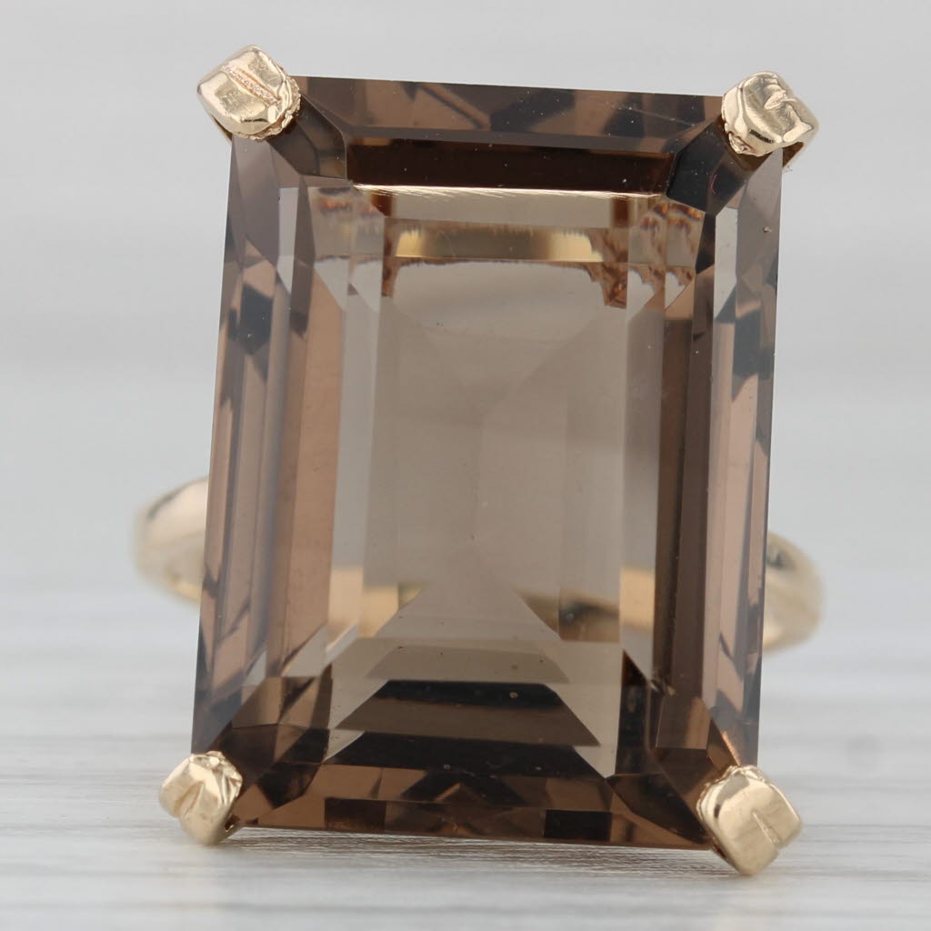 Gray 22.80ct Emerald Cut Smoky Quartz Ring 14k Yellow Gold Size 7.5