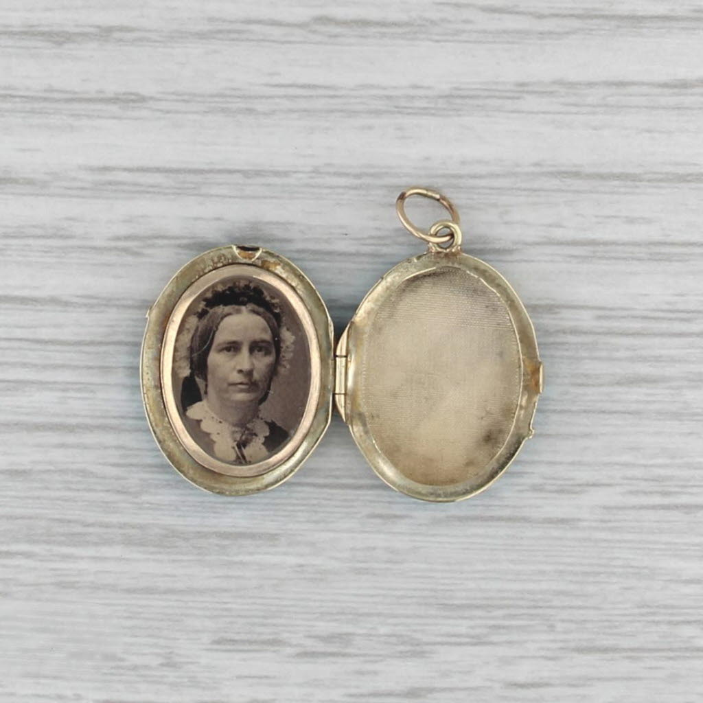 Antique Enamel Locket Pendant 9-12k Gold Charm Greek Key Picture Inside