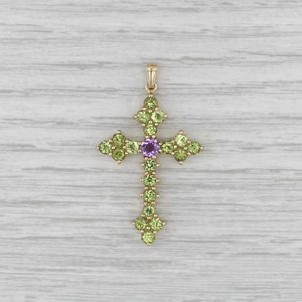 2.20ctw Peridot Amethyst Cross Pendant 14k Yellow Gold