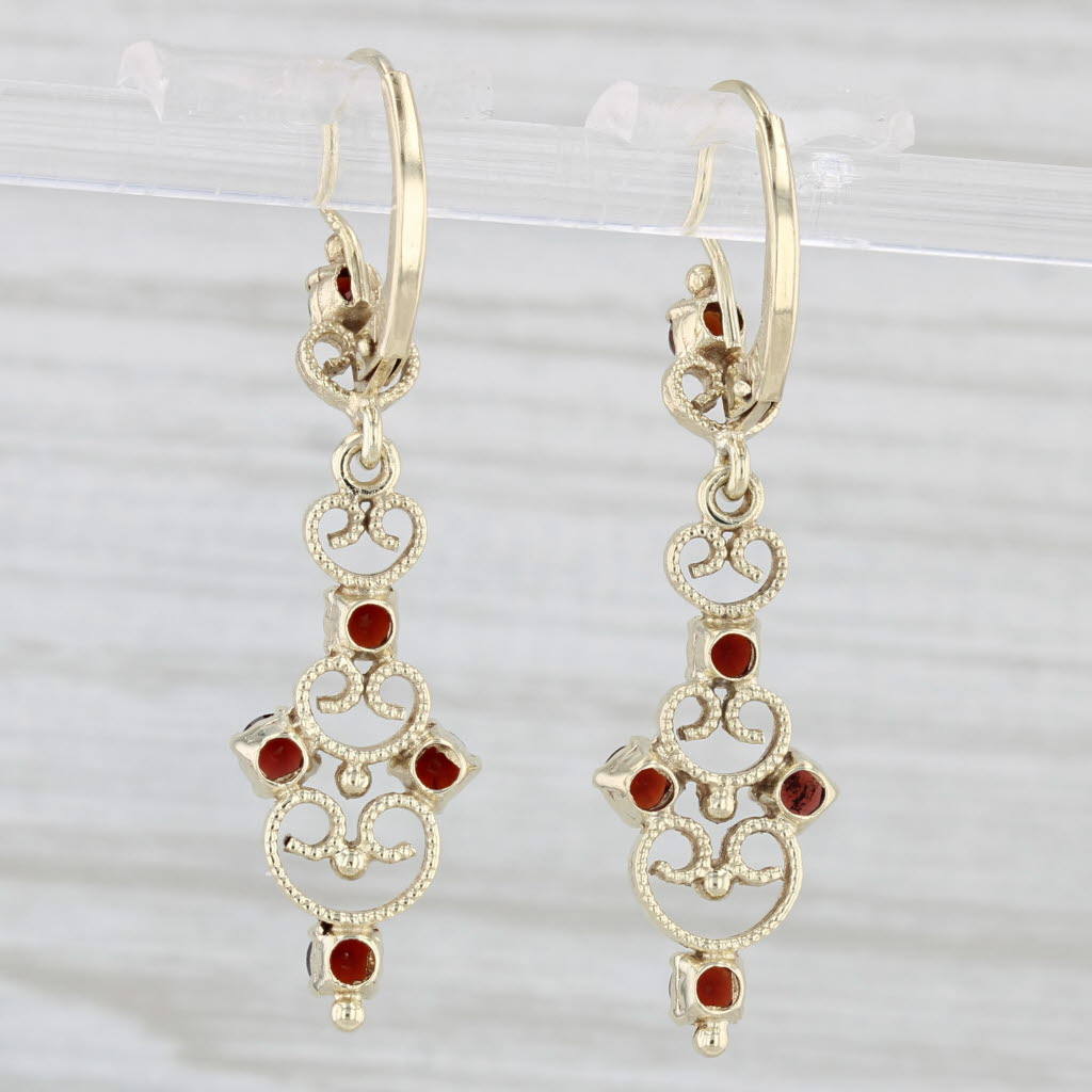 Light Gray Ornate 1.10ctw Garnet Dangle Earrings 14k Yellow Gold Lever Back Drops