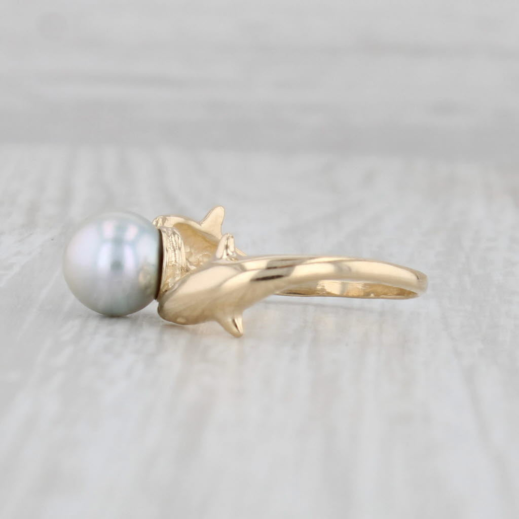 Light Gray Cultured Gray Pearl Dolphin Bypass Ring 14k Yellow Gold Size 5.75