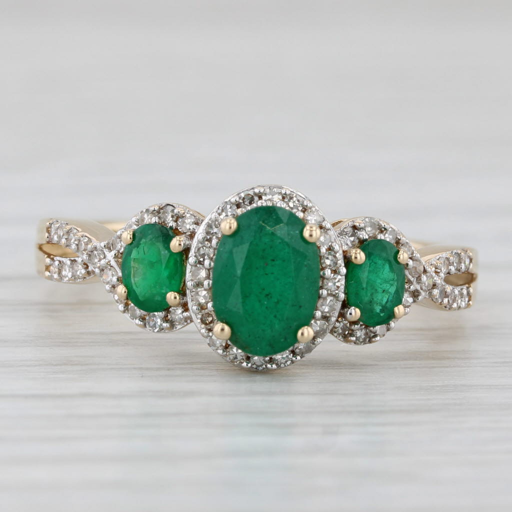 Light Gray 1.22ctw Oval Emerald 3-Stone Diamond Halo Ring 14k Yellow Gold Size 8