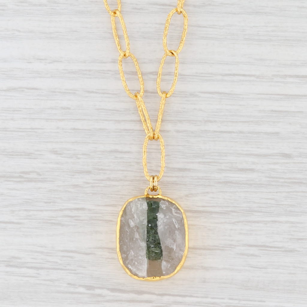 New Nina Wynn Druzy Quartz Tourmaline Pendant Necklace Sterling Gold Vermeil