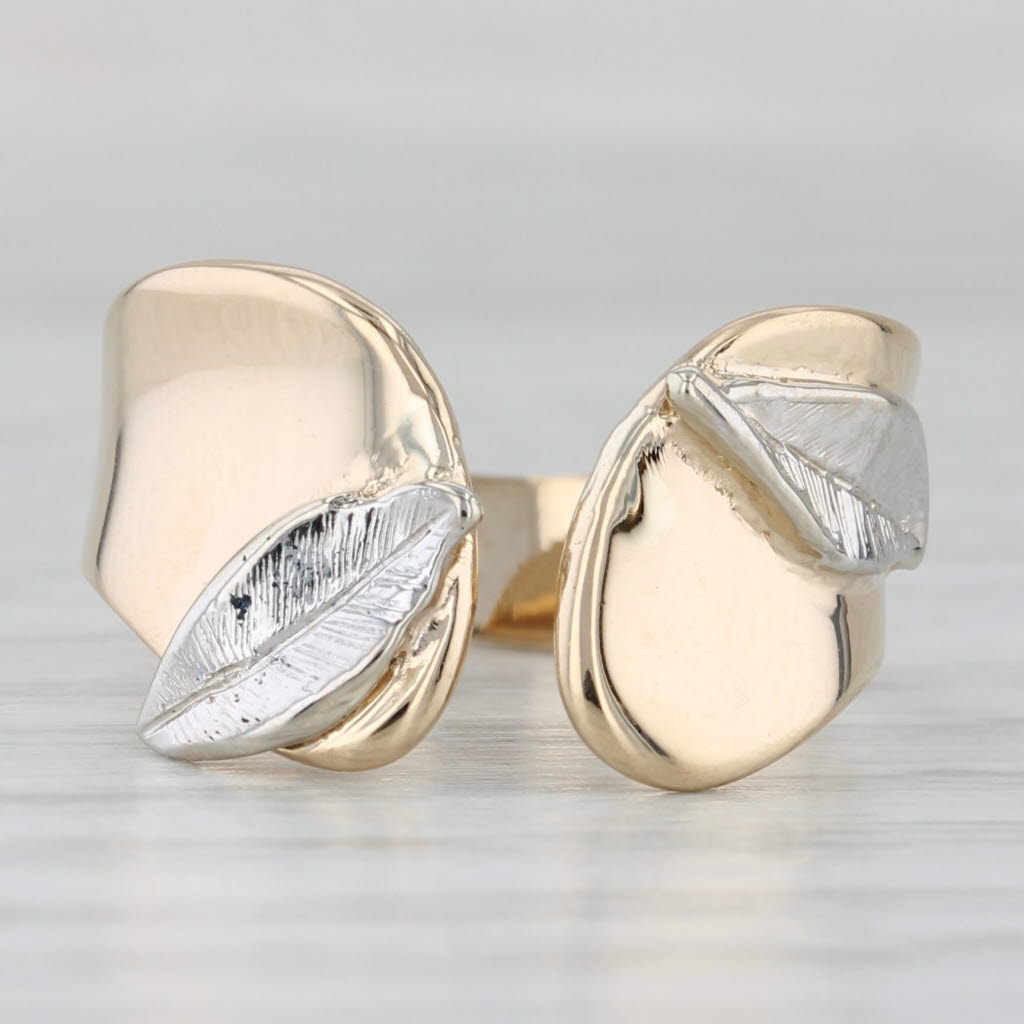 Light Gray White Yellow Gold Leaf Ring 14k Adjustsable Band Size 5 +