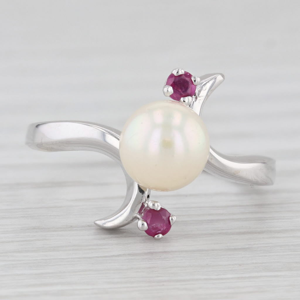 Light Gray Cultured Pearl Ruby Bypass Ring 14k White Gold Size 7