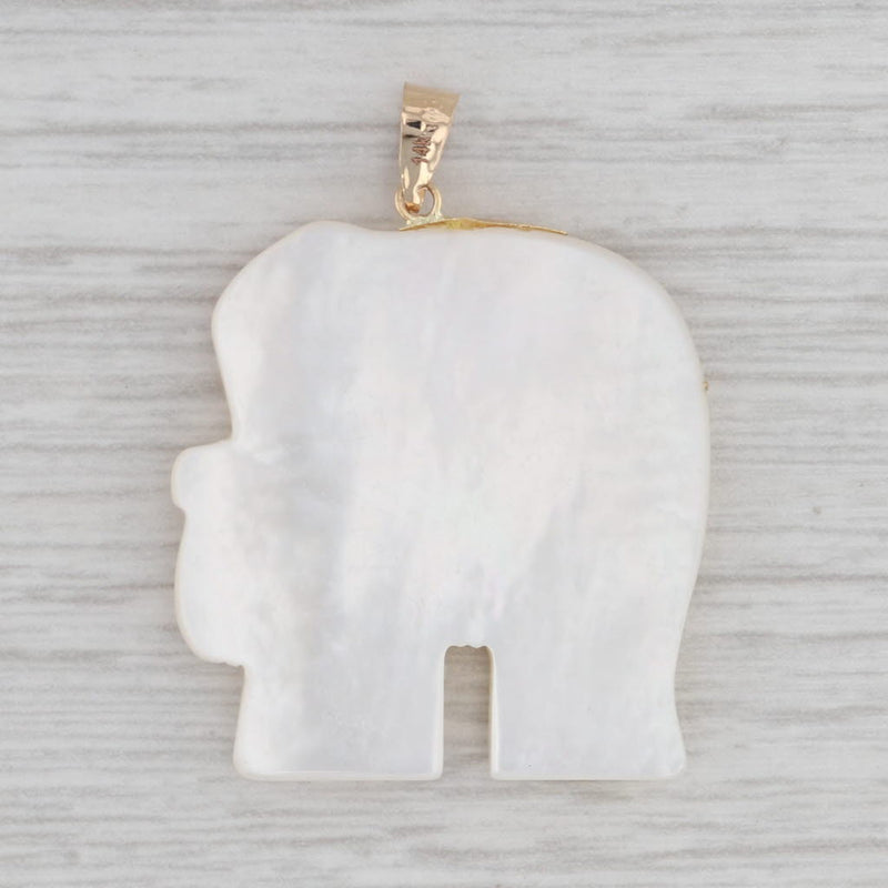 Mother of Pearl Elephant Pendant 14k Yellow Gold Chinese Calligraphy Good Luck