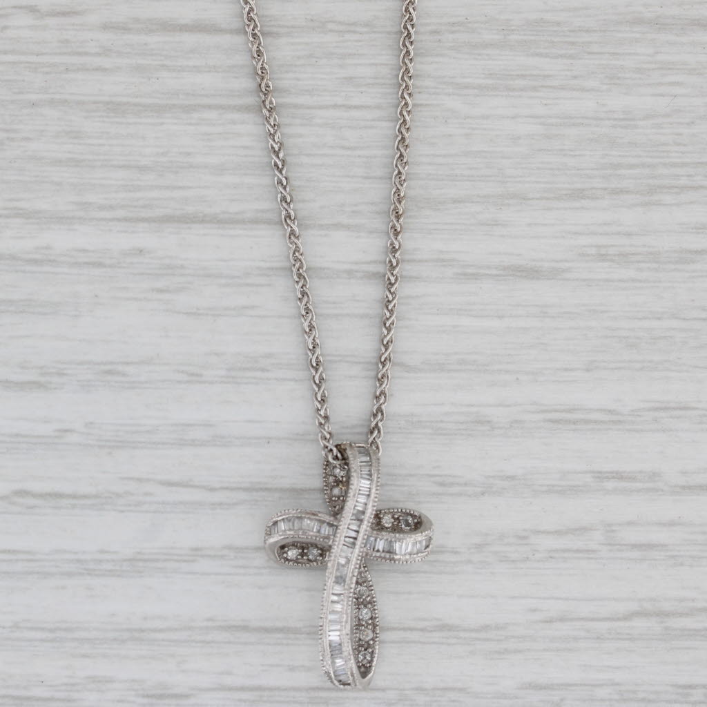 Gray 0.39ctw Diamond Ribbon Cross 14k White Gold Wheat Chain 18" Necklace