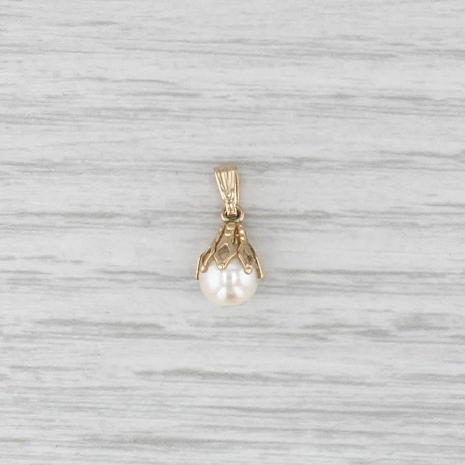 Vintage Small 6.2mm Saltwater Cultured Pearl Drop Pendant 14k Yellow Gold
