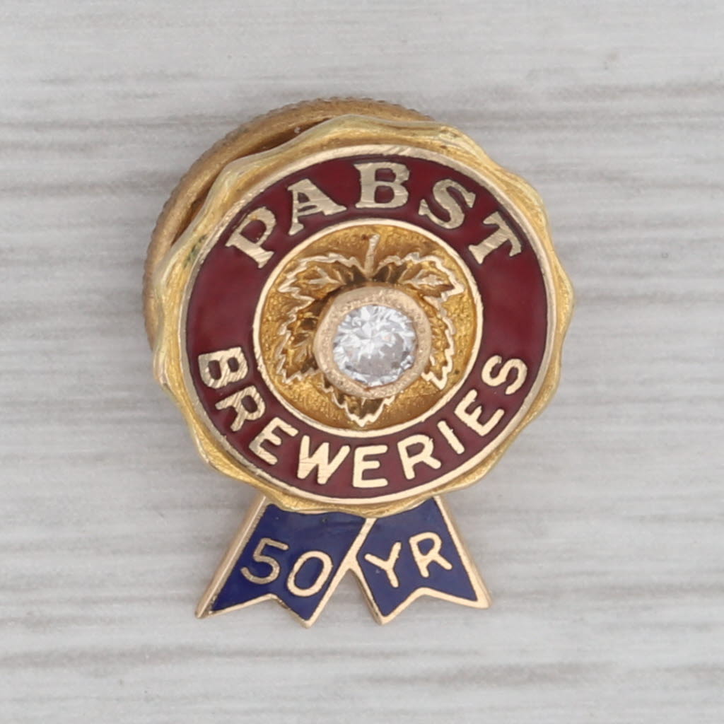 Gray Vintage Pabst Blue Ribbon 50 Year Service Pin Diamond 14k Gold Enamel Lapel