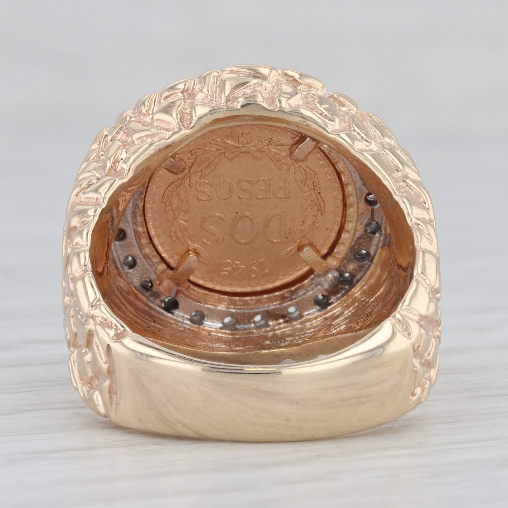 Light Gray 0.25ctw Diamond Bezel 1945 Dos Pesos Coin Ring 900 14k Gold Hammered