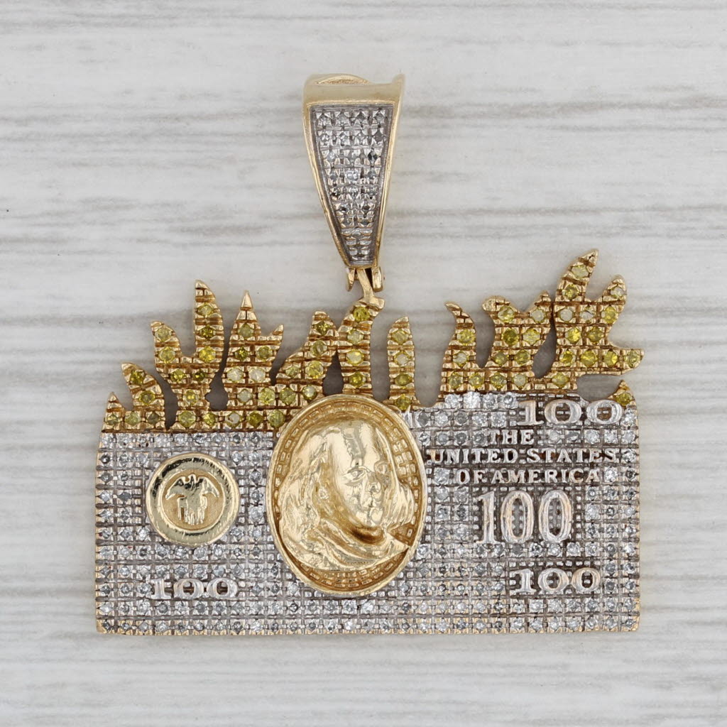 Gray 0.32ctw Diamond 100 Dollar Bill Pendant 10k Gold Statement