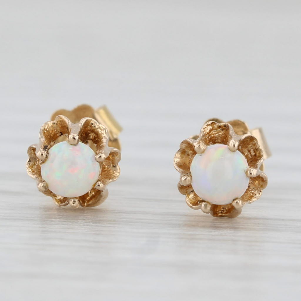 Light Gray Opal Buttercup Stud Earrings 14k Yellow Gold Round Cabochon Solitaires