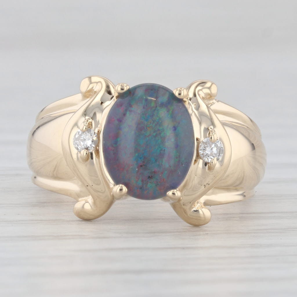 Light Gray Opal Oval Triplet Diamond Accent 10k Yellow Gold Ring Size 7